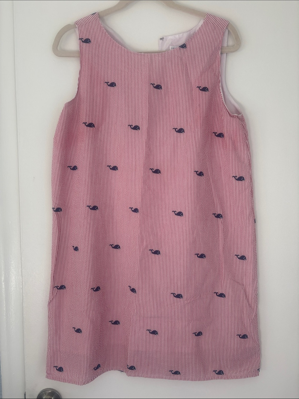 Sleeveless Nantucket Red Seersucker Shift Dress with Navy Whale Motif